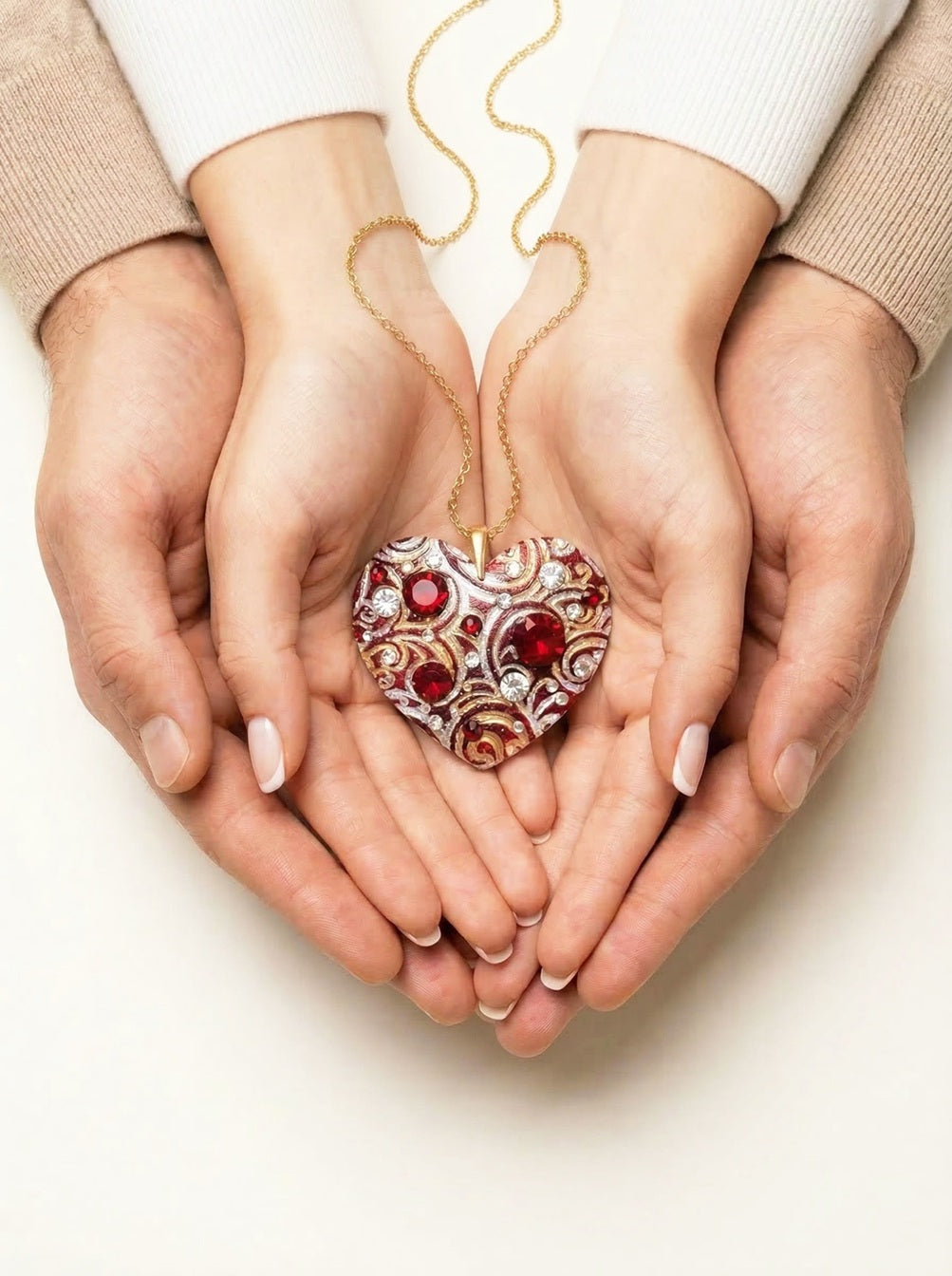 Inquadratura dall'alto di mani maschili e femminili che sostengono un ciondolo a cuore artigianale, finemente decorato con oro e argento, cristalli swarovski, simboleggiando un dono d'amore unico e personalizzato pronto per essere regalato