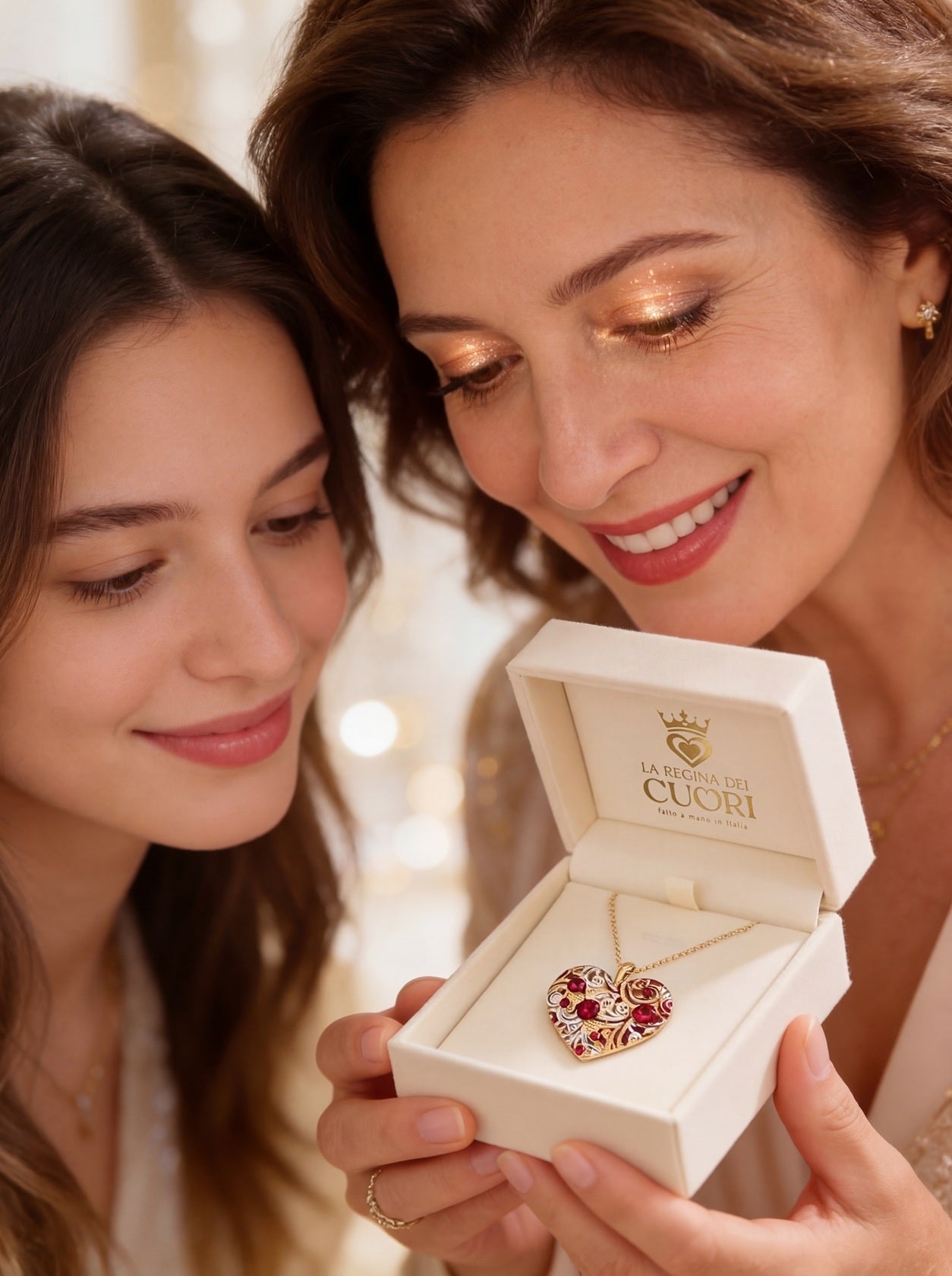 Figlia che sorprende la madre regalandole una collana con ciondolo a cuore personalizzato. Un momento di profonda emozione con un gioiello artigianale unico, impreziosito da cristalli Swarovski e una dedica segreta incisa sul retro, l'idea regalo perfetta per la Festa della Mamma