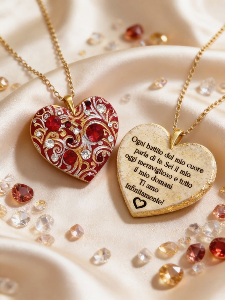Dettaglio fronte e retro collana con ciondolo cuore personalizzato. Lato A: dipinto a mano con cristalli swarovski, fatto a mano. Lato B: incisione dedica regalo su misura. Gioiello artigianale esclusivo.